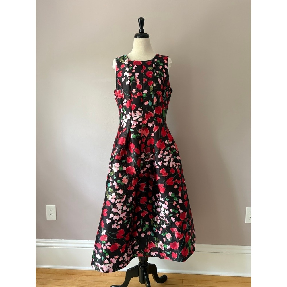Julia Jordan Floral Midi Dress Women's 10 red black fit & flare pockets